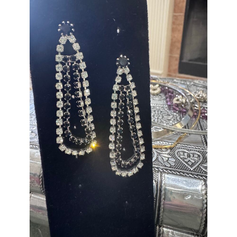 Vintage Black & Clear Rhinestone Chandelier Earrings – Statement Glam